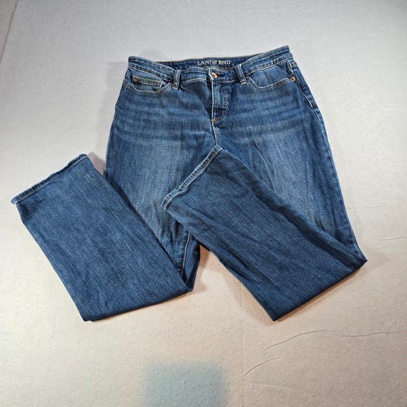 Lands' End Denim - Lands End Mid Rise Straight Leg Jeans Womens 10 Petite Blue Denim Medium Wash